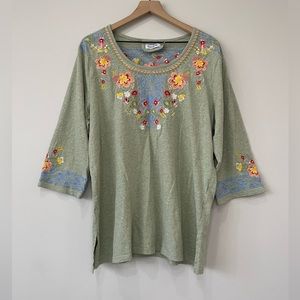 Time for Me embroidered floral 3/4 sleeve light green top 1X
